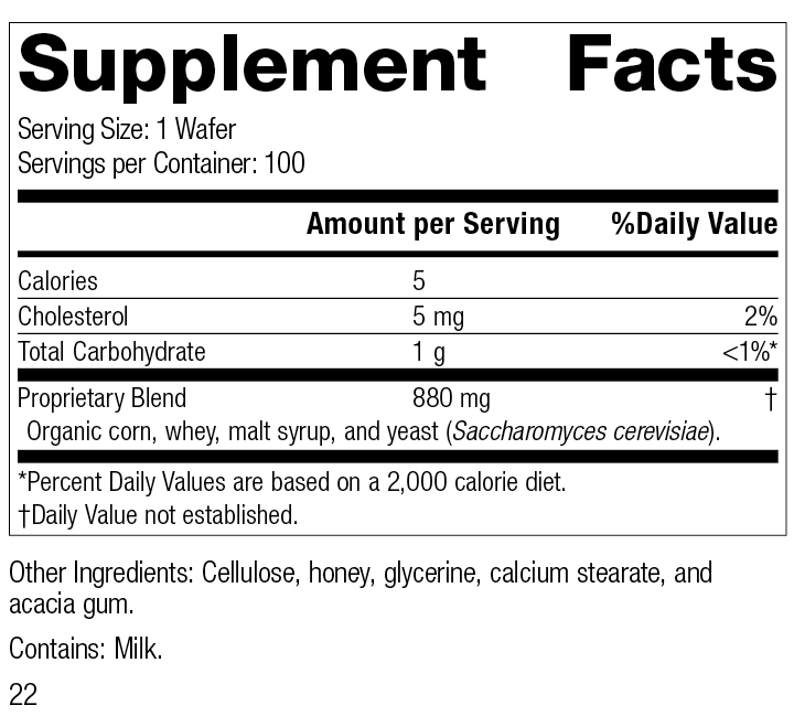 Lactic Acid Yeast™, 100 Wafers, Rev 22 Label Image.